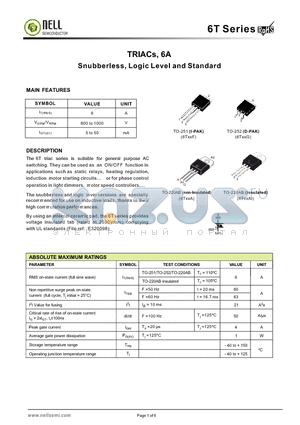 6T06A-C datasheet - TRIACs, 6A Snubberless, Logic Level and Standard