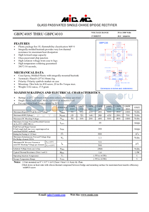 GBPC4004 datasheet - GLASS PASSIVATED SINGLE-OHASE BPIDGE RECTIFIER