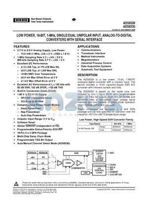 ADS8329IBRSAR datasheet - LOW POWER, 16-BIT, 1-MHz, SINGLE/DUAL UNIPOLAR INPUT, ANALOG-TO-DIGITAL CONVERTERS WITH SERIAL INTERFACE