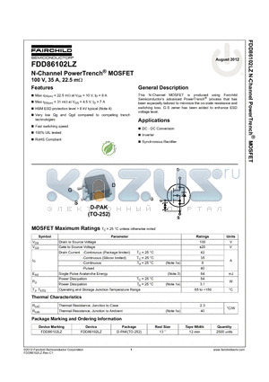 FDD86102LZ datasheet - N-Channel PowerTrench^ MOSFET 100 V, 35 A, 22.5 mY