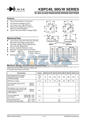 GBPC40G datasheet - 40, 50A GLASS PASSIVATED BRIDGE RECTIFIER