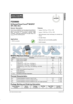 FDD8880 datasheet - N-Channel PowerTrench^ MOSFET 30V, 58A, 9mY