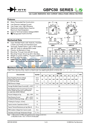 GBPC50 datasheet - 50A GLASS PASSIVATED HIGH CURRENT SINGLE-PHASE BRIDGE RECTIFIER