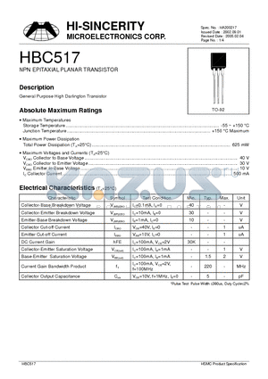 HBC517 datasheet - NPN EPITAXIAL PLANAR TRANSISTOR