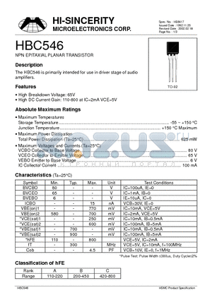 HBC546 datasheet - NPN EPITAXIAL PLANAR TRANSISTOR