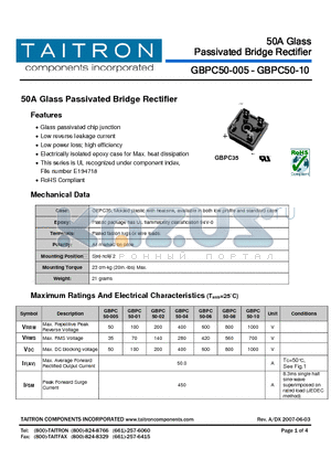 GBPC50-02 datasheet - 50A Glass Passivated Bridge Rectifier