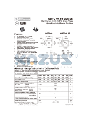 GBPC50-06 datasheet - High Current 40, 50 AMPS. Single Phase Glass Passivated Bridge Rectifiers