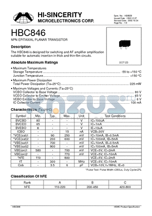HBC846 datasheet - NPN EPITAXIAL PLANAR TRANSISTOR