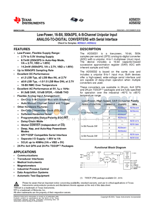ADS8331I datasheet - Low-Power, 16-Bit, 500kSPS, 4-/8-Channel Unipolar Input ANALOG-TO-DIGITAL CONVERTERS with Serial Interface