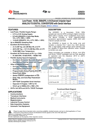 ADS8331IBPW datasheet - Low-Power, 16-Bit, 500kSPS, 4-/8-Channel Unipolar Input ANALOG-TO-DIGITAL CONVERTERS with Serial Interface