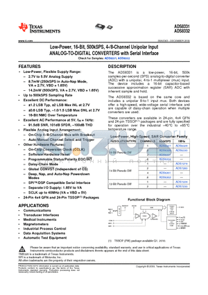 ADS8331IBPWT datasheet - Low-Power, 16-Bit, 500kSPS, 4-/8-Channel Unipolar Input ANALOG-TO-DIGITAL CONVERTERS with Serial Interface