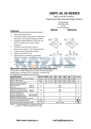 GBPC50005 datasheet - High Current 40, 50 AMPS. Single Phase Glass Passivated Bridge Rectifiers