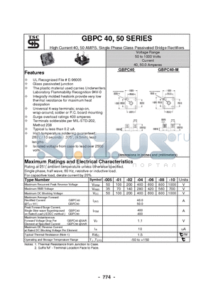 GBPC50005 datasheet - High Current 40, 50 AMPS. Single Phase Glass Passivated Bridge Rectifiers