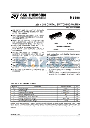 M3488B1 datasheet - 256 x 256 DIGITAL SWITCHING MATRIX