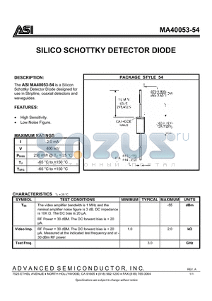 MA40053-54 datasheet - SILICO SCHOTTKY DETECTOR DIODE