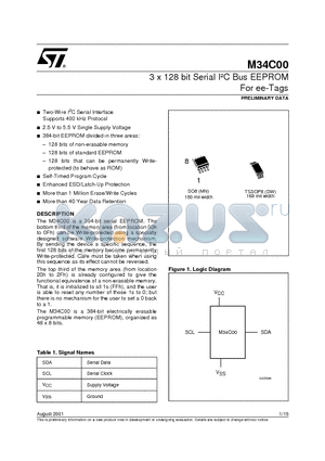 M34C00DW datasheet - 3 x 128 bit Serial IbC Bus EEPROM For ee-Tags