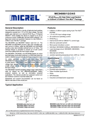 MIC94083 datasheet - 67mY RDSON 2A High Side Load Switch in 0.85mm x 0.85mm Thin MLF Package