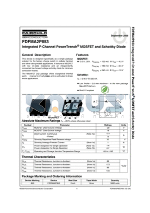 FDFMA2P853_08 datasheet - Integrated P-Channel PowerTrench^ MOSFET and Schottky Diode
