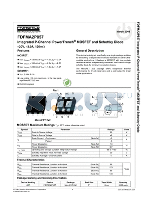 FDFMA2P857_08 datasheet - Integrated P-Channel PowerTrench^ MOSFET and Schottky Diode .20V, .3.0A, 120mY