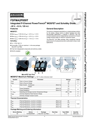 FDFMA2P859T datasheet - Integrated P-Channel PowerTrench MOSFET and Schottky Diode -20 V, -3.0 A, 120 m