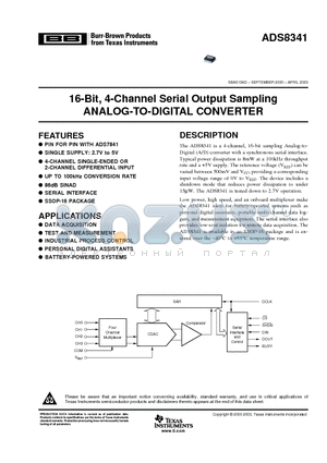 ADS8341EB/2K5 datasheet - 16-Bit, 4-Channel Serial Output Sampling ANALOG-TO-DIGITAL CONVERTER