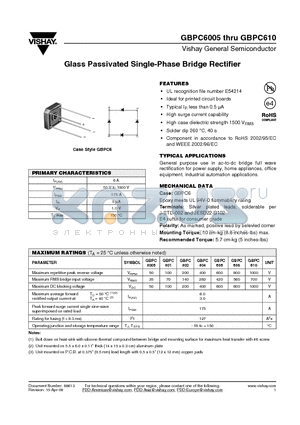 GBPC602 datasheet - Glass Passivated Single-Phase Bridge Rectifier