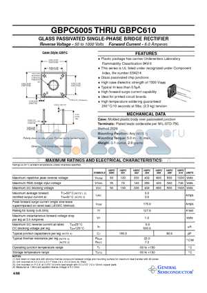 GBPC604 datasheet - GLASS PASSIVATED SINGLE-PHASE BRIDGE RECTIFIER