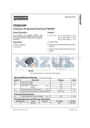 FDG6316 datasheet - P-Channel 1.8V Specified PowerTrench MOSFET
