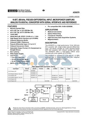 ADS8370 datasheet - 16-BIT, 600-kHz, PSEUDO-DIFFERENTIAL INPUT, MICROPOWER SAMPLING ANALOG-TO-DIGITAL CONVERTER WITH SERIAL INTERFACE AND REFERENCE