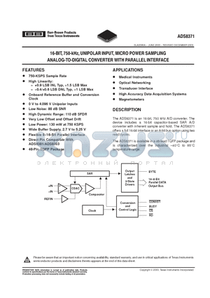 ADS8371IPFBT datasheet - 16BIT 750KHZ UNIPOLAR INPUT, MICRO POWER SAMPLING ANALOG TO DIGITAL CONVERTER WITH PARALLEL INTERFACE