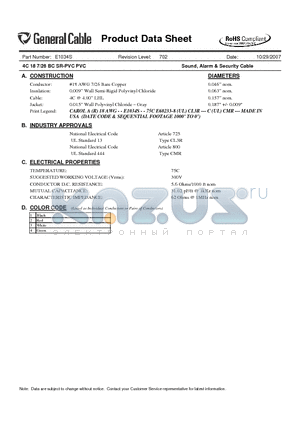 E1034S datasheet - 4C 18 7/26 BC SR-PVC PVC Sound, Alarm & Security Cable