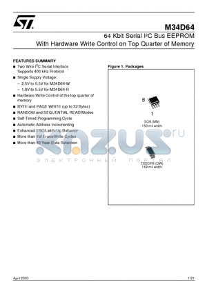 M34D64-R datasheet - 64 Kbit Serial I2C Bus EEPROM With Hardware Write Control on Top Quarter of Memory