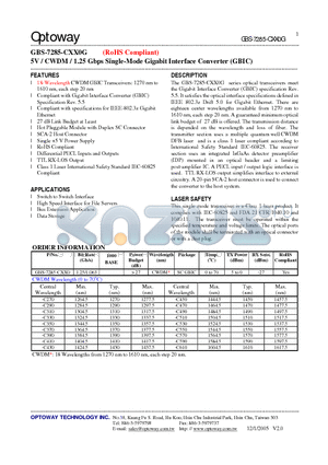 GBS-7285-CXX0G datasheet - 5V / CWDM / 1.25 Gbps Single-Mode Gigabit Interface Converter (GBIC)