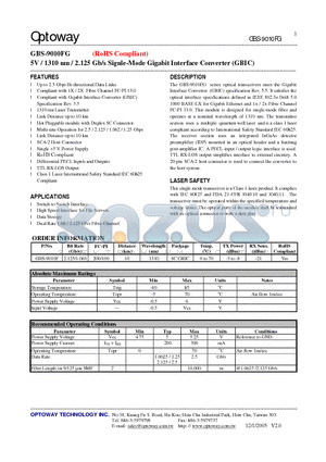 GBS-9010F datasheet - 5V / 1310 nm / 2.125 Gb/s Signle-Mode Gigabit Interface Converter (GBIC)