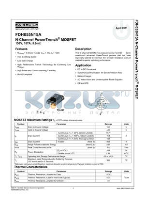 FDH055N15A datasheet - N-Channel PowerTrench^ MOSFET 150V, 167A, 5.9m