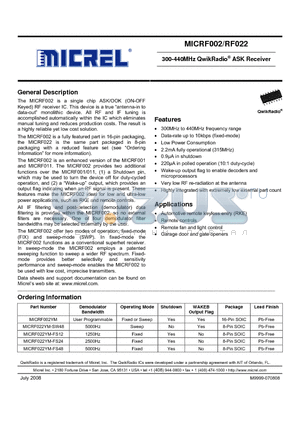 MICRF002YM datasheet - 300-440MHz QwikRadio^ ASK Receiver