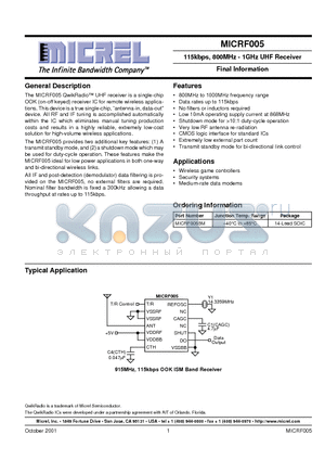 MICRF005 datasheet - 115kbps, 800MHz - 1GHz UHF Receiver