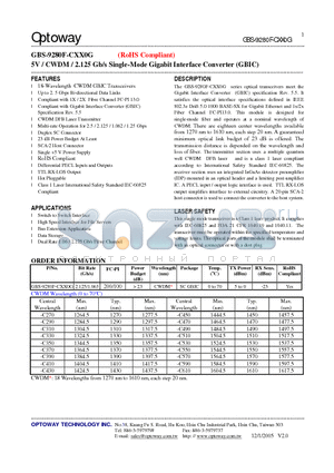 GBS-9280F-C290G datasheet - 5V / CWDM / 2.125 Gb/s Single-Mode Gigabit Interface Converter (GBIC)