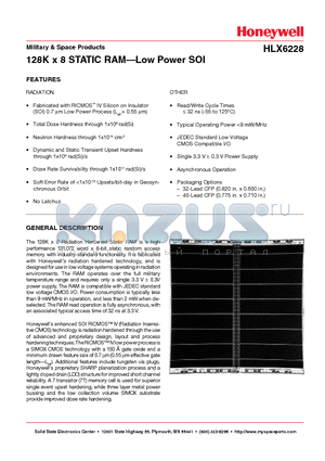 HLX6228ASR datasheet - 128K x 8 STATIC RAM-Low Power SOI