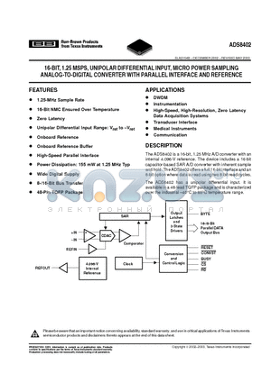 ADS8402I datasheet - 16-BIT, 1.25 MSPS, UNIPOLAR DIFFERENTIAL INPUT, MICRO POWER SAMPLING ANALOG-TO-DIGITAL CONVERTER WITH PARALLEL INTERFACE AND REFERENCE