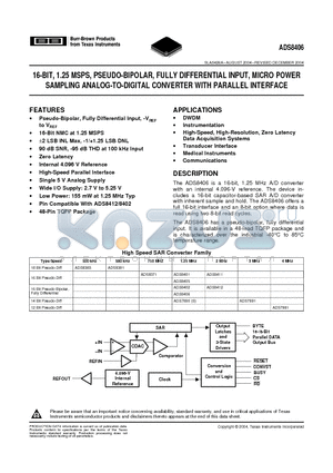 ADS8406IBPFBT datasheet - 16-BIT, 1.25 MSPS, PSEUDO-BIPOLAR, FULLY DIFFERENTIAL INPUT, MICRO POWER SAMPLING ANALOG-TO-DIGITAL CONVERTER WITH PARALLEL INTERFACE