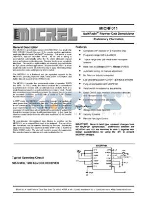 MICRF011 datasheet - QwikRadiotm Receiver/Data Demodulator Preliminary Information