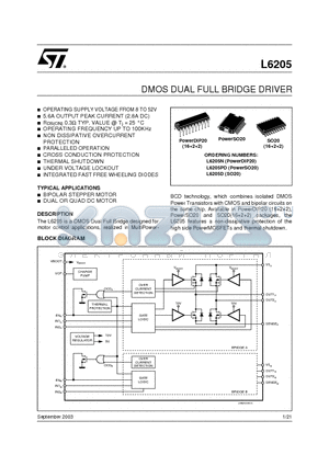 L6205N datasheet - DMOS DUAL FULL BRIDGE DRIVER