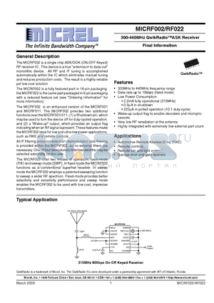 MICRF022 datasheet - 300-440MHz QwikRadioASK Receiver