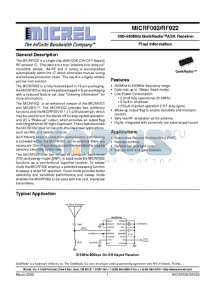 MICRF022BM-FS48 datasheet - 300-440MHz QwikRadioASK Receiver