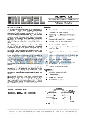 MICRF022BM datasheet - QwikRadiotm Low Power UHF Receiver Preliminary Information