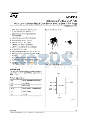 M34S32 datasheet - 32K Serial I2C Bus EEPROM With User-Defined Read-Only Block and 32-Byte OTP Page