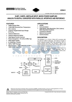 ADS8411IPFBR datasheet - 16-BIT, 2 MSPS, UNIPOLAR INPUT, MICRO POWER SAMPLING ANALOG-TO-DIGITAL CONVERTER WITH PARALLEL INTERFACE AND REFERENCE