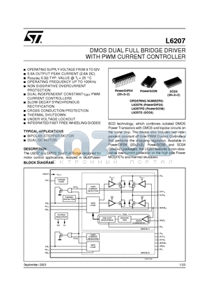 L6207N datasheet - DMOS DUAL FULL BRIDGE DRIVER WITH PWM CURRENT CONTROLLER