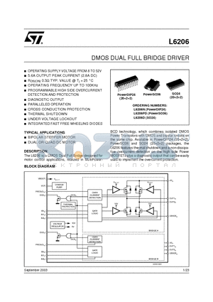 L6206D datasheet - DMOS DUAL FULL BRIDGE DRIVER